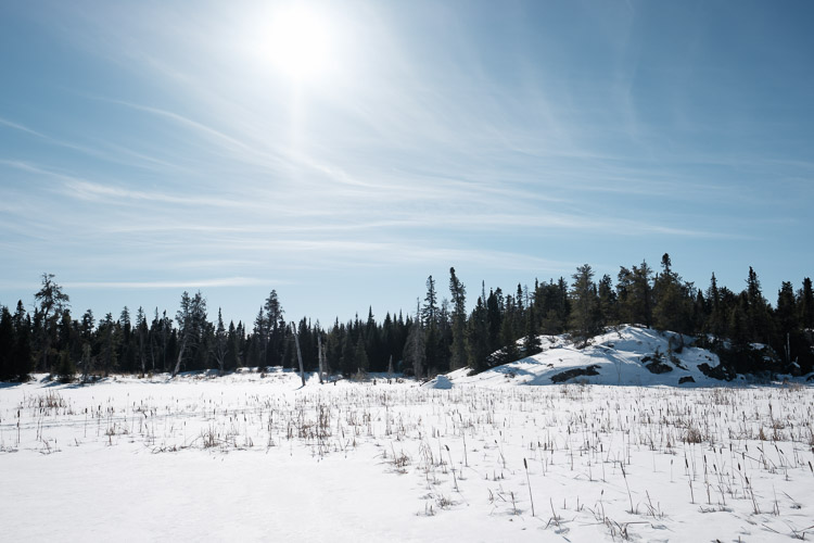 Winter vista at an unnamed lake in Nopiming Provincial Park