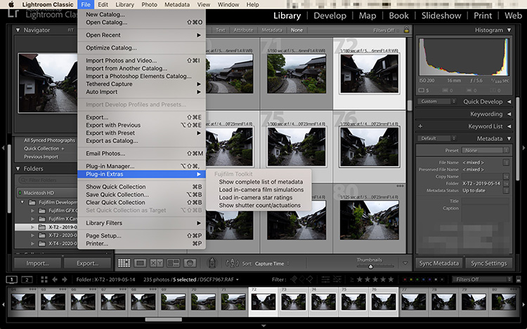 Screenshot of the Fujifilm Toolkit plugin menu within Adobe Lightroom Classic.