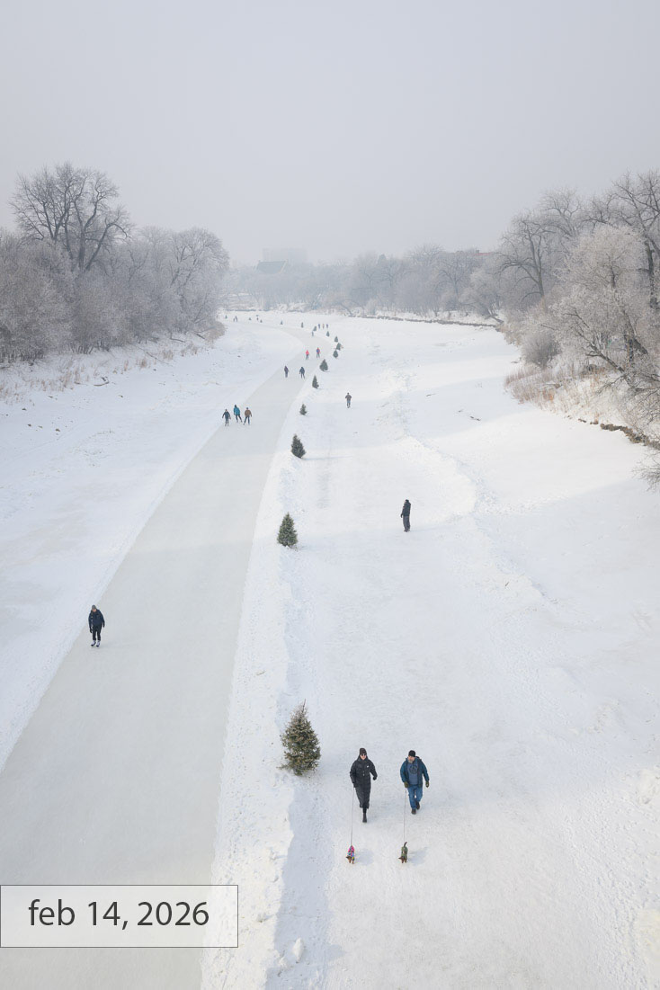 Labeled feb 14, 2026: dozens of skaters and walkers with dogs scattered along the busy river trail on a hazy winter afternoon