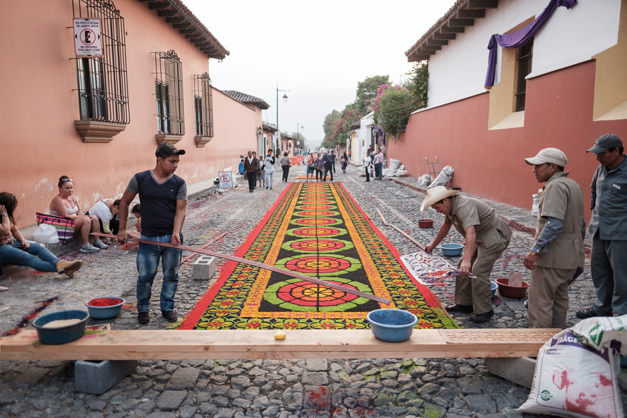 Over many hours, an intricate alfombra is created in the streets of Antigua - its colorful flowers and dust to soon be swept away by the feet of a Semana Santa procession.Context: Part of a month spent in Guatemala (April 2017), participating in the unique ceremonies blending Mayan and Spanish traditions leading up to Easter. –link forthcoming–