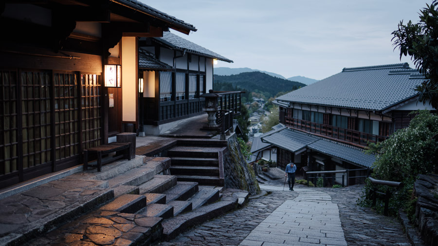 An elderly man commutes home at dusk, one slow step at a time in the shrouded Kiso Valley.Context: I retraced part of the old Nakasendo mountain walking route between Tokyo and Kyoto, part of a trek connecting the dots between special-to-me Japan destinations: a coffee shop in Tokyo and Dogen’s Eiheiji temple in the Fukui prefecture. –pop-up newsletter–